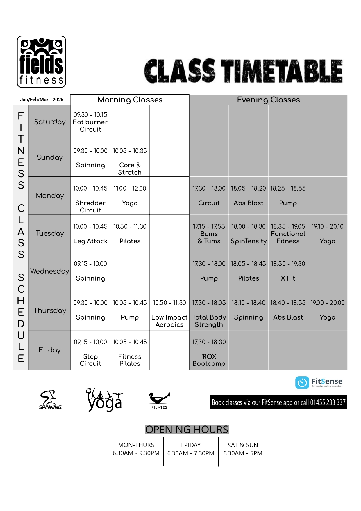 Fields Fitness Class Timetable