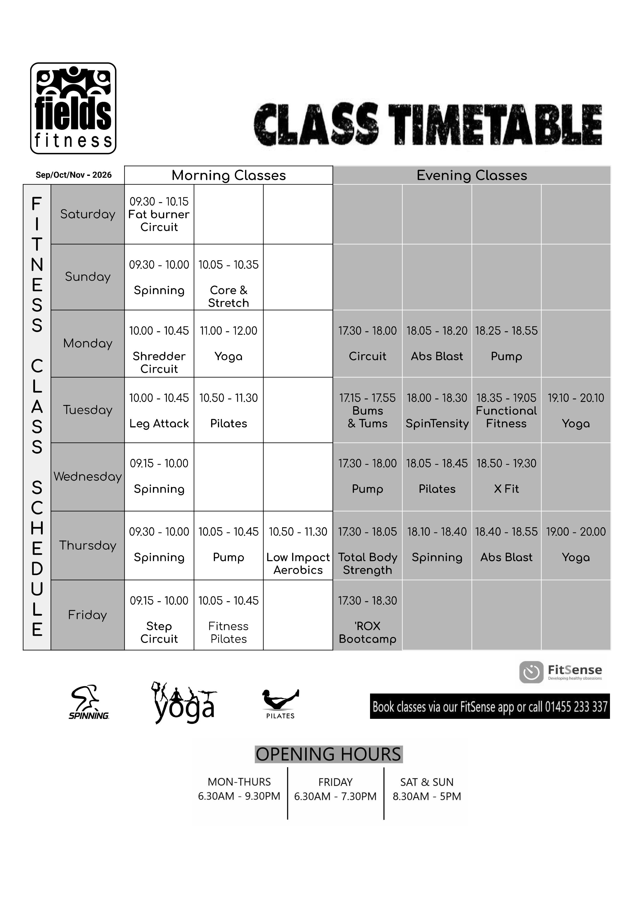 Fields Fitness Class Timetable