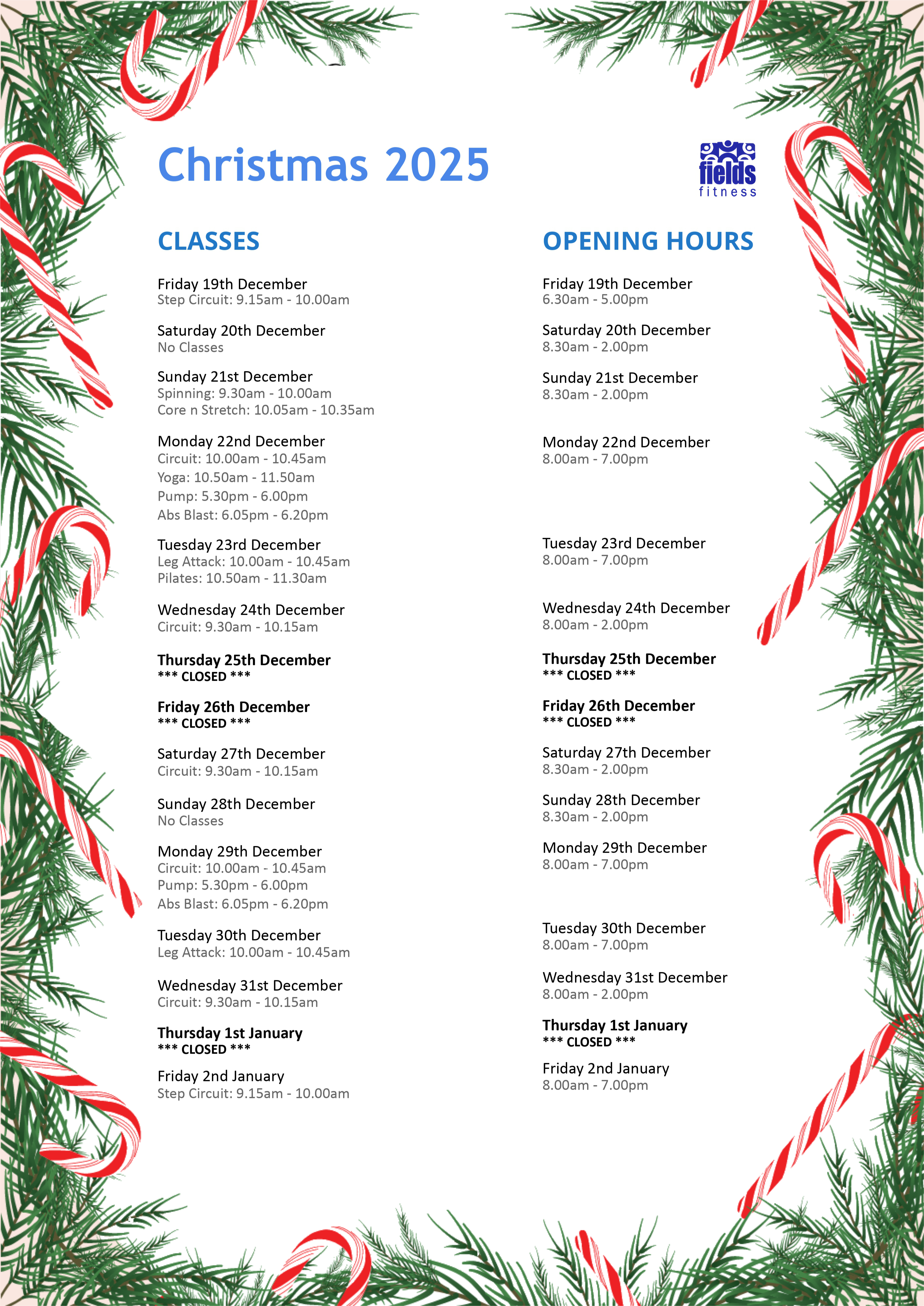 bank holiday opening hours and class timetable